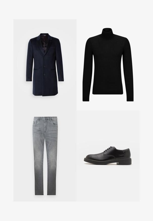 Navy wool blend overcoat featuring a notched collar, single-button closure, two front pockets, and a silky inner lining.; Black turtleneck sweater made of soft material, featuring long sleeves and a snug fit. Ribbed trim at the hem and cuffs. Simple design.; Gray denim jeans with a faded design, five-pocket styling, button closure, and straight-leg cut. Smooth texture with slight wear at edges.; Black leather lace-up shoe with a rounded toe, smooth texture, minimal stitching, and a low rubber heel. Logo on the heel.