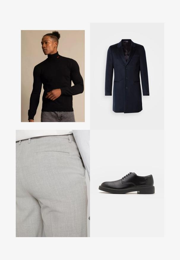 Námořnický vlněný kabát s klopovým límcem, jedním knoflíkem, dvěma předními kapsami a hedvábnou podšívkou.; Černý rolák vyrobený z žebrovaného materiálu s dlouhými rukávy. Obsahuje malé červené logo na krku. Nosit s šedými džíny.; Světlounce šedé kalhoty na míru z texturované látky, s jednou zadní kapsou a čistým prošitím.; Černé kožené šněrovací boty s kulatou špičkou, hladkým povrchem, minimálním prošíváním a nízkým gumovým podpatkem. Logo na patě.