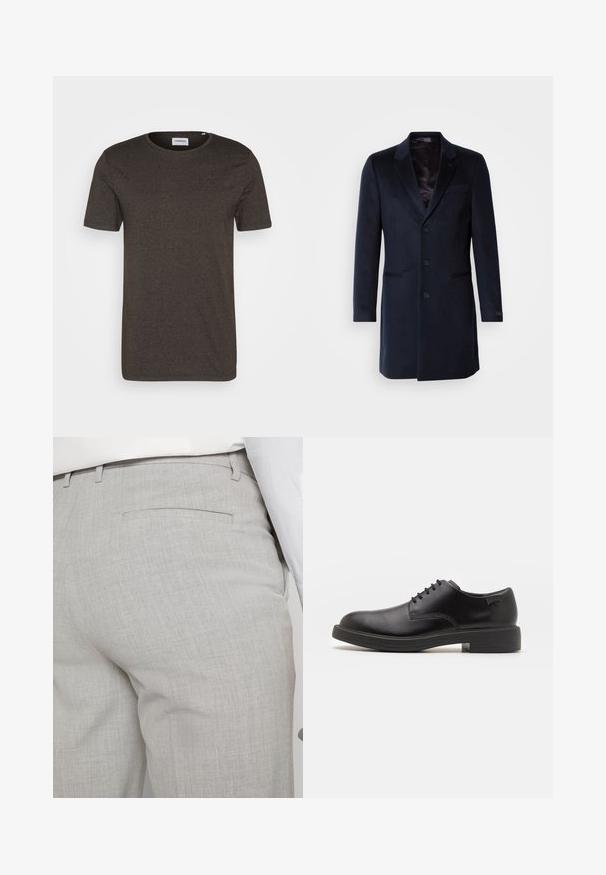 Tengerészkék gyapjú keverék overál, amely kihajtható gallérral, egysoros gombolással, két elülső zsebbel és selymes béléssel rendelkezik.; Sötétzöld, rövid ujjú póló, kerek nyakkivágással, sima textúrával, minták vagy kiegészítők nélkül, egyszerű dizájn, alkalmas hétköznapi viseletre.; Világosszürke, texturált anyagból készült szabott nadrág, egyetlen hátsó zsebbel és tiszta varrással.; Fekete bőrcipő, kerek orrú, sima felületű, minimális varrással és alacsony gumitalppal. Logó a sarokrészen.
