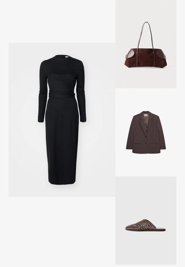 Teksturoitu, tummanruskea bleiseri, jossa on lovettu kaula-aukko, kaksinappinen suljenta ja kaksi etutaskua, sisävuori on sileä.; Musta pitkähihainen mekko, jossa on pyöreä kaula-aukko, epäsymmetrinen kietaisumalli ja istuva vyötärö. Valmistettu sileästä, joustavasta kankaasta.; Ruske kudrane natikače s zaobljenim nosom, odprtim dizajnom, ravnim podplatom in teksturirano površino. Lahek material in minimalistična silhueta.; Ruskea mokkavuori laukku nahkaakkosilla, jämäkkä muoto, kaksinkertaiset olkahihnat ja pyöristetyt reunat, joissa on sileä pinta ja minimaalinen varustus.