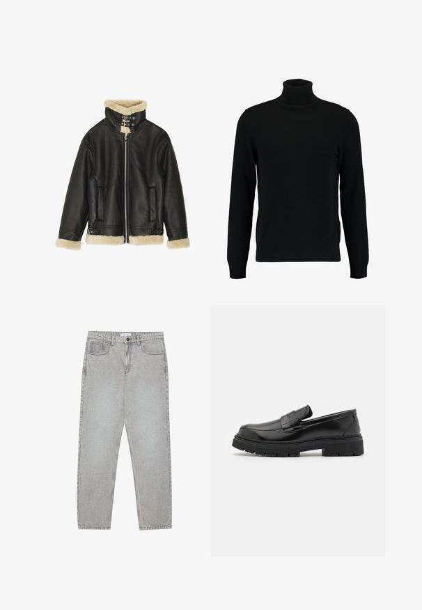 Melna ādas jaka ar aitu vilnas apkakli un aprocēm. Iekļauj rāvējslēdzēja aizdari, divas sānu kabatas un regulējamas jostas apakšmalā.; Melns augsti stāvošs džemperis, kas izgatavots no mīksta adījuma materiāla. Tam ir garas piedurknes, ribota apkakle un apakšmala. Vienkāršs, elegants dizains bez rakstiem.; Gai pelēko džinsu bikses ar taisnajām kājām, piecu kabatu stilu un pogu aizdari. Redzama šuvju apstrāde gar šuvēm.; Melni ādas loafers ar plakanu, rievotu zoli. Tiem ir izšūts dizains un viegli uzvelkams stils ar dekoratīvu jostu priekšpusē.