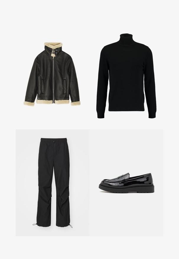 Sort læderjakke med shearlingkrave og -manchetter. Har lynlås, to sidelommer og justerbare stropper i kanten.; Sort turtleneck sweater lavet af et blødt strikmateriale. Har lange ærmer, ribbet krave og kant. Enkel, slank design uden mønstre.; Sorte, letvægtige træningsbukser med elastisk talje, lynlåsdetaljer og justerbare manchetter; har en løs pasform og en glat tekstur.; Sorte patenterede læderloafers med en rund tå, et dekorativt bånd og en tyk sort gummisål. Glat, blank overflade med minimal syning.