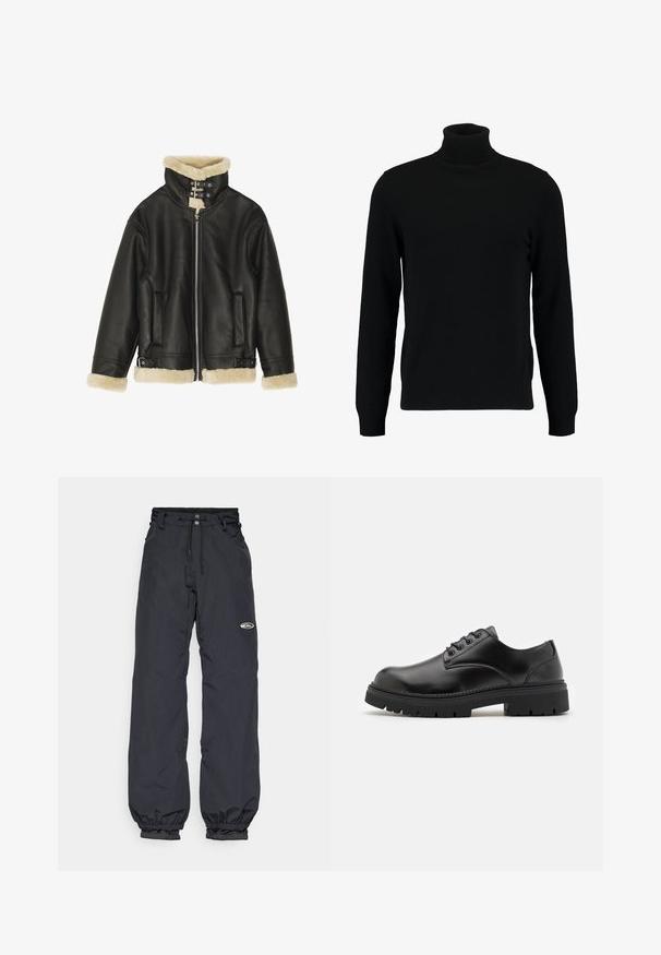 Černá kožená bunda s ovčí vlnou na límci a manžetách. Obsahuje zip, dvě boční kapsy a nastavitelné popruhy na spodním lemu.; Černý rolák vyrobený z měkkého pleteného materiálu. Má dlouhé rukávy, žebrovaný límec a lem. Jednoduchý, elegantní design bez vzorů.; Černé voděodolné kalhoty s nastavitelným pasem, elastickými manžetami a malou nášivkou na stehně; lehký materiál.; Černé kožené boty s zaoblenou špičkou, šněrovacím designem a silnou, strukturovanou gumovou podrážkou. Vyznačují se prošíváním po okraji a hladkým povrchem.