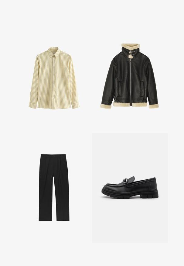 Giacca di pelle nera con colletto e polsini in shearling. Presenta una chiusura con zip, due tasche laterali e cinturini regolabili all'orlo.; Camicia button-up gialla chiara con strisce verticali bianche e gialle più scure, maniche lunghe e colletto classico. Tessuto dalla consistenza liscia.; Pantaloni neri con un design a gamba dritta, realizzati in un tessuto liscio. Presentano pieghe frontali e una chiusura a un bottone in vita.; Mocassino in pelle nera con punta arrotondata, una fascia decorativa e accessori in metallo, e una suola spessa e testurizzata. Finitura liscia con dettagli sottili.