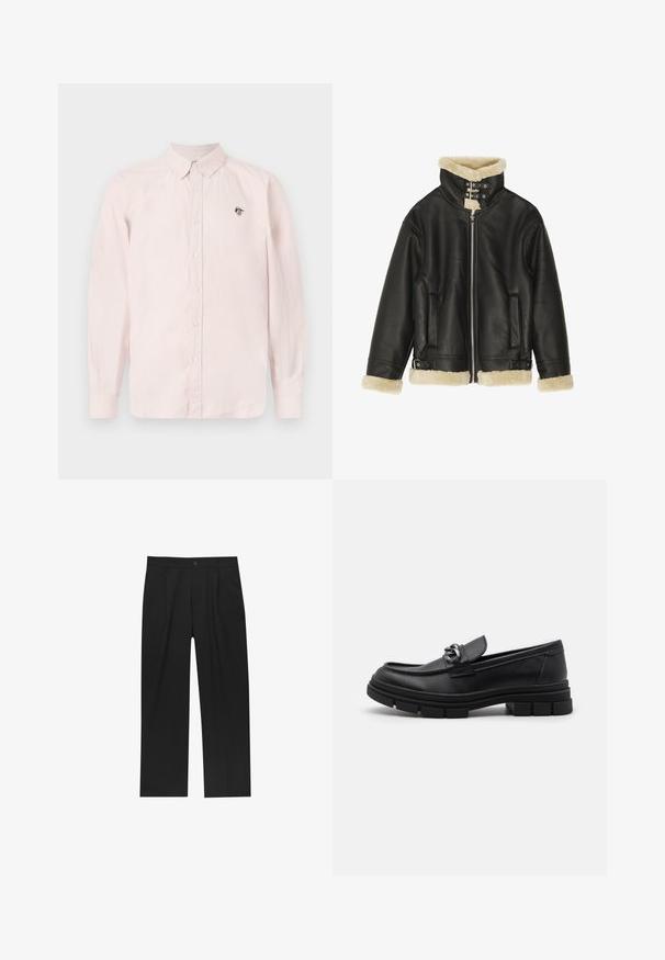 Fekete bőrkabát, prémes gallérral és mandzsettákkal. Cipzáros záródással, két oldalsó zsebbel és állítható pántokkal a szegélyen.; Világos rózsaszín gombos ing hosszú ujjakkal, galléros nyakkal és fekete logóval a mellrészen. Könnyű anyagból készült.; Fekete nadrág egyenes szárú kialakítással, sima anyagból készült. Elöl redők és egy gombos záródás található a derékon.; Fekete bőr mokaszín, lekerekített orral, díszes pánttal és fém kiegészítővel, valamint vastag, texturált talppal. Simább felület, finom részletezéssel.