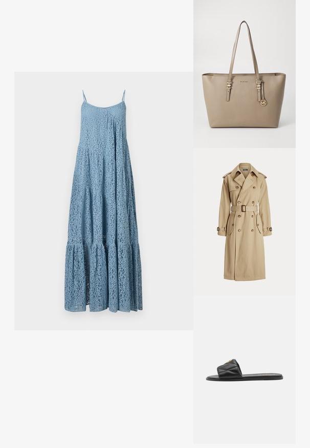 Beige trenchcoat med dobbeltbrystet front, store knapper, bælte i taljen, to sidelommer og skulderepauleter. Glat stofstruktur.; Blå blonde maxi-kjole med justerbare spaghettistropper, A-linjeform, tiered flæsekant, intrikat blomstermønster og gennemsigtig tekstur.; Sort quiltet slidesandal med flad sål, med et guldaccent på remmen. Fremstillet af syntetisk materiale med en glat tekstur.; Beige læder tote bag med to skulderremme, guldfarvede hardware-detaljer og et mærke med et cirkulært logo. Glat tekstur og minimalistisk design.
