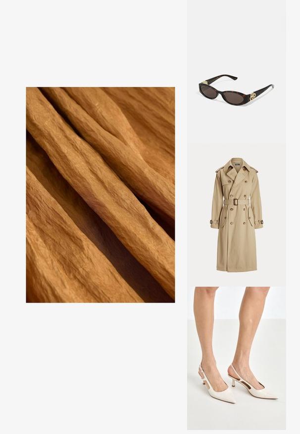 Beżowy trencz z podwójnym zapięciem z przodu, dużymi guzikami, paskiem w talii, dwiema bocznymi kieszeniami oraz naramiennikami. Gładka tekstura materiału.; Zmarszczony materiał w ciepłym, ziemistym odcieniu brązu z teksturowanym wykończeniem, ułożony w miękkie, płynące fałdy.; Beżowe lakierowane szpilki z odkrytą piętą, zakończone spiczastym noskiem i 5 cm obcasem, z wyciętymi bokami oraz cienkim paskiem na kostce.; Słoneczne okulary w kolorze żółwi z wydłużonymi owalnymi soczewkami, brązowym odcieniem, złotymi akcentami logo na zausznikach oraz smukłymi czarnymi ramionami.