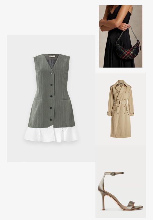 Bezs színű trench kabát, dupla gombolású elülső résszel, nagy gombokkal, övvel ellátott derékkal, két oldalsó zsebbel és vállapokkal. Simább szövet textúra.; Ujjatlan szürke csíkozott ruha fekete gombokkal az elején és fehér fodros szegéllyel, egyszínű háttér előtt.; Ezüst selyem magas sarkú szandál, bokapánttal, díszítő csattal. Nyitott orral és karcsú, elegáns dizájnnal.; Kockás, ívelt formájú hobo táska sötét árnyalatú texturált anyagból, ezüst színű láncpánttal és kis márkajelzéssel díszített medállal.