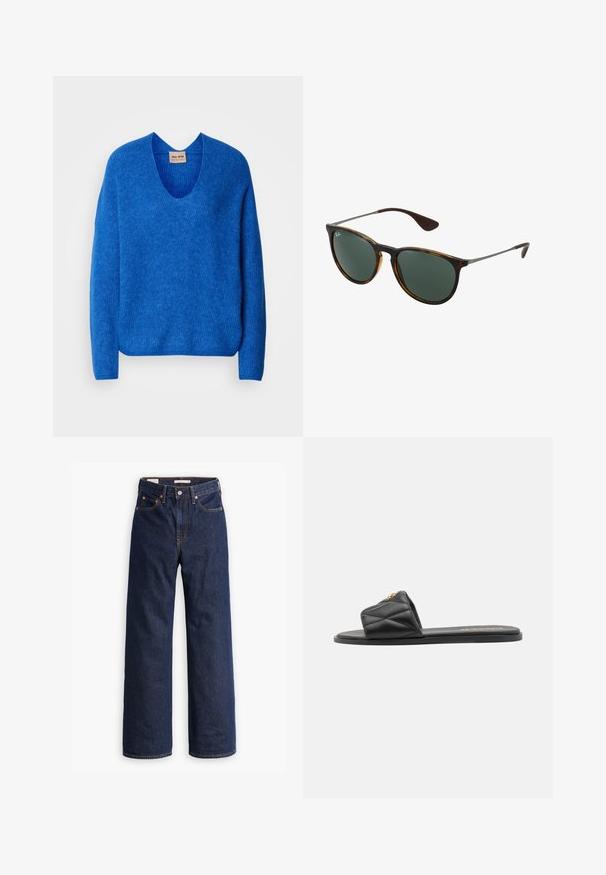 Beżowy trencz z podwójnym zapięciem z przodu, dużymi guzikami, paskiem w talii, dwiema bocznymi kieszeniami oraz naramiennikami. Gładka tekstura materiału.; Niebieski wełniany sweter z dekoltem w serek, luźny krój i długie rękawy. Teksturowany wzór dzianiny na całej powierzchni z ściągaczami.; Granatowe dżinsy o prostym kroju z pięcioma kieszeniami, pomarańczowym przeszyciem i zapięciem na guzik.; Czarne, pikowane klapki na płaskiej podeszwie, z złotym akcentem na pasku. Wykonane z syntetycznego materiału o gładkiej teksturze.; Brązowe okulary przeciwsłoneczne w kolorze skorupy z zielonymi soczewkami, plastikowa oprawka i metalowe akcenty; mają zakrzywione końcówki zauszników i smukły design.; Beżowa skórzana torba na ramię z dwoma uchwytami, złotymi akcentami oraz metką z okrągłym logo. Gładka faktura i minimalistyczny design.