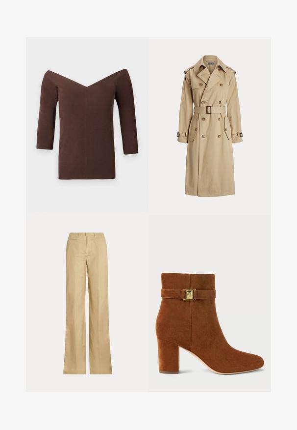 Casaco tranch de cor bege com frente de duplo botão, grandes botões, cintura marcada por cinto, dois bolsos laterais e epaulettes nos ombros. Textura de tecido suave.; Top castanho canelado de ombro a descoberto com decote em V, apresentando mangas de três quartos e uma silhueta ajustada. Textura suave em toda a peça.; Calças largas bege feitas de algodão suave, apresentando uma cintura clássica e um bolso traseiro, com um corte reto e detalhes mínimos.; Bota de tornozelo em camurça castanha com salto bloco. Apresenta uma tira com fivela em tom dourado no tornozelo e um bico liso e afilado.