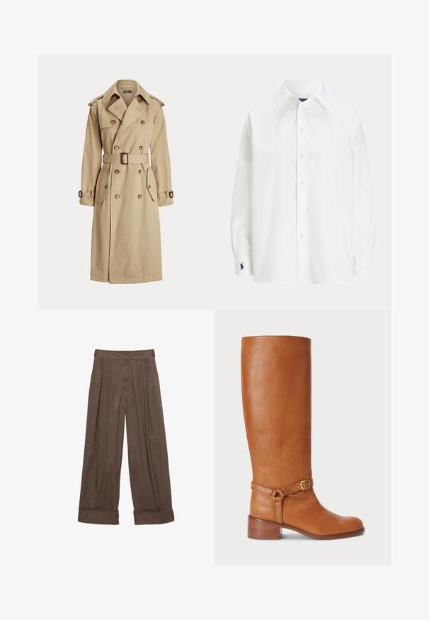 Beige trenchcoat met een dubbelgeknoopt voorpand, grote knopen, een ceintuur op de taille, twee zijzakken en schouderepaulets. Gladde stofstructuur.; Witte button-up shirt met lange mouwen, klassieke kraag en een klein blauw logo op de manchet. Gladde katoenstof, gestructureerde pasvorm.; Bruine wijde broek van katoen, met een knoopsluiting, geplooide voorkant en opgerolde manchetten voor een relaxte pasvorm.; Hoge bruine leren laarzen met een gladde afwerking, voorzien van een zijkantgesp en een gestapelde hak. De schacht heeft een strakke, ongecompliceerde uitstraling.