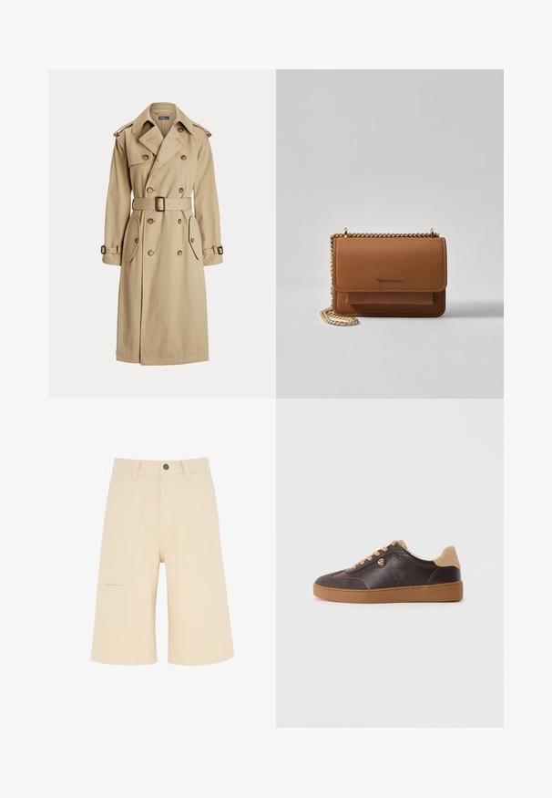 Gabardina beige con frente de doble botonadura, grandes botones, cinturón en la cintura, dos bolsillos laterales y hombreras. Textura de tela suave.; Camisa beige de manga larga con botones, cuello puntiagudo y pequeño logo bordado en azul marino en el lado izquierdo del pecho.; Bermudas cargo beige de tejido duradero, con un corte relajado, bolsillos frontales y un bolsillo lateral con detalle de solapa.; Zapatillas de cuero y ante marrón oscuro con cordones y suela en color marrón claro, acento de logo dorado y "Michael Kors" grabado en la suela.; Bolso crossbody de cuero texturizado marrón con correa de cadena dorada y cierre de solapa. La parte frontal presenta un detalle de logo y un bolsillo debajo de la solapa.
