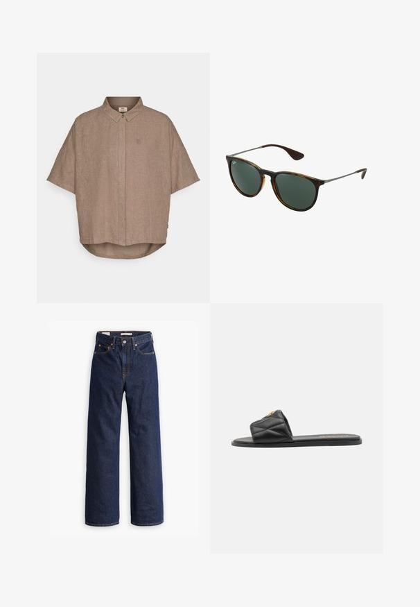 Cappotto beige con chiusura doppiopetto, grandi bottoni, vita regolabile con cintura, due tasche laterali e alamari sulle spalle. Tessuto dalla consistenza liscia.; Camicetta di lino marrone a maniche corte con colletto button-down, pattina frontale e un piccolo logo sul lato sinistro. Orlo curvato nella parte inferiore.; Jeans in denim blu scuro a gamba dritta con cinque tasche, cuciture arancioni e chiusura con bottoni.; Infradito neri imbottiti con suola piatta, caratterizzati da un accento dorato sulla fascia. Realizzati in materiale sintetico con una texture liscia.; Occhiali da sole tartaruga marrone con lenti verdi, montatura in plastica e dettagli in metallo; presentano punte delle stecche curve e un design elegante.; Borsa tote in pelle beige con due tracolle, dettagli in hardware dorato e un'etichetta con un logo circolare. Texture liscia e design minimalista.