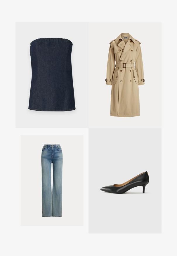 Cappotto beige con chiusura doppiopetto, grandi bottoni, vita regolabile con cintura, due tasche laterali e alamari sulle spalle. Tessuto dalla consistenza liscia.; Top a tubo in denim blu scuro, con scollatura arricciata e orlo pulito. Texture liscia e dettagli di cucitura minimal.; Jeans blu a vita alta, con gamba dritta, dotati di tasche frontali, passanti per cintura e chiusura a bottone, caratterizzati da una leggera sfumatura sbiadita.; Décolleté in pelle nera con punta affilata, tacco basso e texture liscia. Presenta un leggero apertura sulla parte anteriore e hardware minimale sul retro.