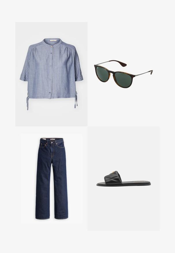 Beige trenchcoat met een dubbelgeknoopt voorpand, grote knopen, een ceintuur op de taille, twee zijzakken en schouderepaulets. Gladde stofstructuur.; Blauw gestreept overhemd met korte mouwen met een ronde kraag, knopen aan de voorkant en strikjes aan de zijkanten. Gemaakt van lichte stof met een zachte textuur.; Donkerblauwe rechte spijkerbroek met vijf zakken, oranje stiksels en een knopen sluiting.; Zwarte gewatteerde slide sandaal met een vlakke zool, met een gouden accent op de band. Gemaakt van synthetisch materiaal met een gladde textuur.; Bruine schildpaddenstijl zonnebril met groene lenzen, een kunststof frame en metalen accenten; heeft gebogen tempelpunten en een slank ontwerp.; Beige leren tote bag met twee schouderbanden, gouden hardware accenten en een label met een circulair logo. Glad oppervlak en minimalistisch ontwerp.