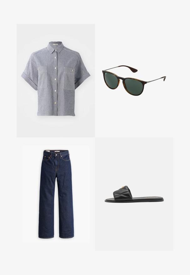 Beige trench coat with double-breasted front, large buttons, belted waist, two side pockets, and shoulder epaulets. Smooth fabric texture.; Short-sleeve button-up shirt in blue and white striped cotton, featuring two front pockets and a classic collar.; Dark blue straight-leg denim jeans with five pockets, orange stitching, and a button fly closure.; Black quilted slide sandal with a flat sole, featuring a gold accent on the strap. Made from synthetic material with a smooth texture.; Brown tortoiseshell sunglasses with green lenses, a plastic frame, and metal accents; features curved temple tips and a sleek design.; Beige leather tote bag with two shoulder straps, gold hardware accents, and a tag featuring a circular logo. Smooth texture and minimalist design.