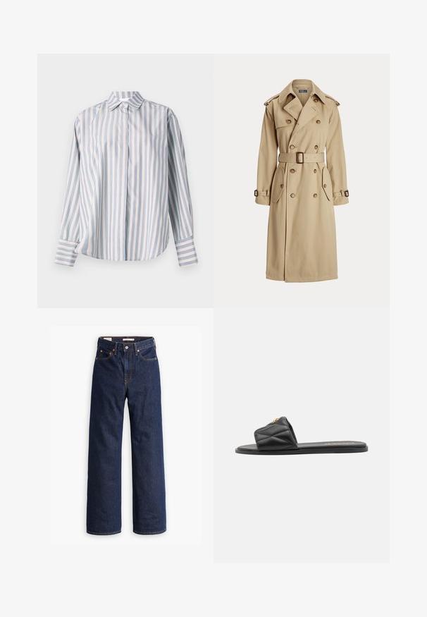 Casaco tranch de cor bege com frente de duplo botão, grandes botões, cintura marcada por cinto, dois bolsos laterais e epaulettes nos ombros. Textura de tecido suave.; Camisa de botão listada em azul claro, rosa e branco. Apresenta um colarinho clássico, mangas longas e um corte relaxado com uma bainha reta.; Jeans de ganga azul-escuro de perna reta com cinco bolsos, costuras laranja e fecho de botão.; Sandal slide acolchoado preto com sola plana, apresentando um detalhe dourado na tira. Feito de material sintético com uma textura suave.