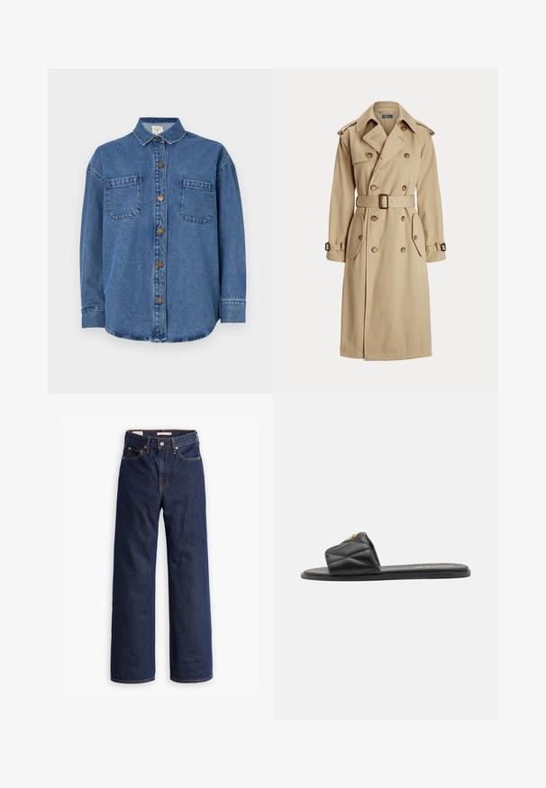 Casaco tranch de cor bege com frente de duplo botão, grandes botões, cintura marcada por cinto, dois bolsos laterais e epaulettes nos ombros. Textura de tecido suave.; Camisa de ganga em azul médio, com botão na frente, dois bolsos no peito e decote com colarinho. Mangas longas com punhos abotoados.; Jeans de ganga azul-escuro de perna reta com cinco bolsos, costuras laranja e fecho de botão.; Sandal slide acolchoado preto com sola plana, apresentando um detalhe dourado na tira. Feito de material sintético com uma textura suave.