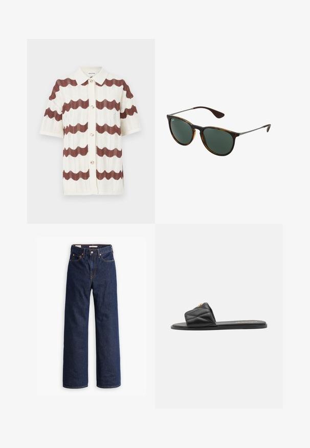 Casaco tranch de cor bege com frente de duplo botão, grandes botões, cintura marcada por cinto, dois bolsos laterais e epaulettes nos ombros. Textura de tecido suave.; Cardigan de malha de mangas curtas com um padrão ondulado em castanho escuro e creme, com colarinho e fecho de botões à frente. Tecido texturizado.; Jeans de ganga azul-escuro de perna reta com cinco bolsos, costuras laranja e fecho de botão.; Sandal slide acolchoado preto com sola plana, apresentando um detalhe dourado na tira. Feito de material sintético com uma textura suave.; Óculos de sol marrom tartaruga com lentes verdes, armação de plástico e detalhes em metal; apresenta pontas das hastes curvadas e um design elegante.; Bolsa de couro bege com duas alças de ombro, detalhes em hardware dourado e uma etiqueta com um logótipo circular. Textura suave e design minimalista.