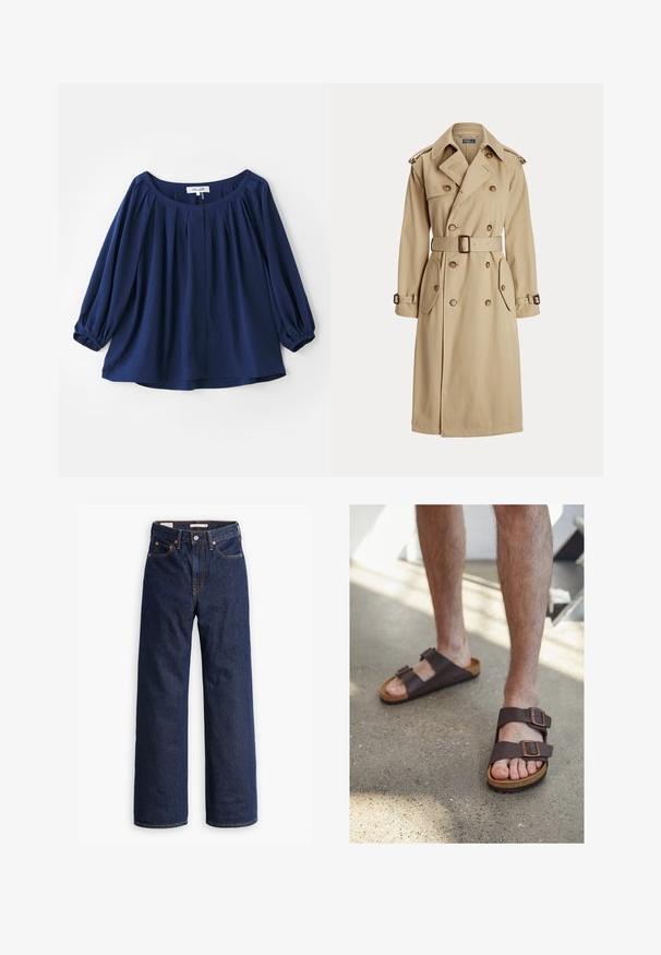 Beige trench coat dengan bagian depan ganda, tombol besar, pinggang dilengkapi sabuk, dua saku di samping, dan epaulet bahu. Tekstur kain yang halus.; Siniharmaa pusero, joka on valmistettu pehmeästä kankaasta, jossa on leveä pääntie, napitus, laskokset edessä ja elastiset hihansuut täysipitkillä hihoilla.; Tummansiniset suorat farkut, joissa on viisi taskua, oranssit saumat ja napituskaitale.; Ruske nahkake sandals sa kahe reguleeritava klambriga, korkjalats ja tekstuuriga kummitald, kantud paljajalu betoonpinna peal.