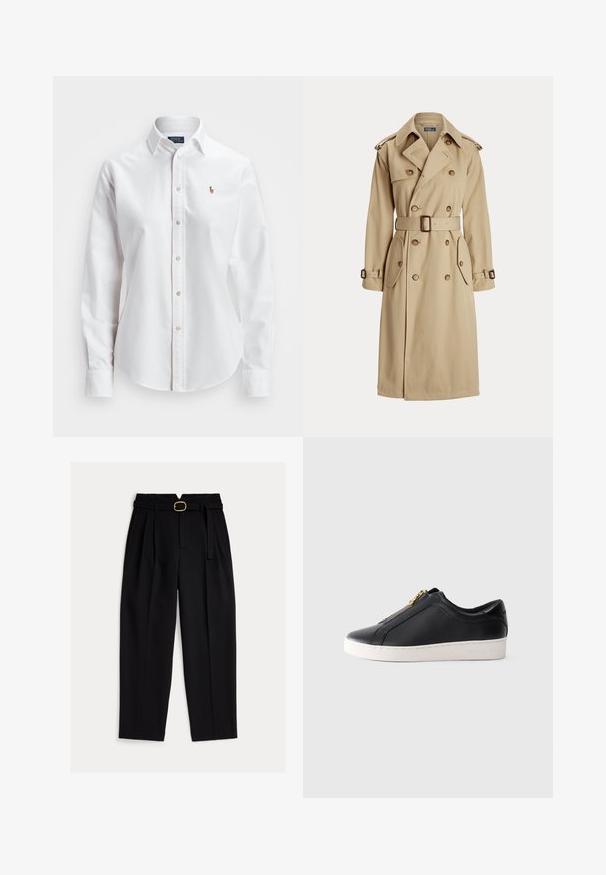 Béžový trenčkot s dvojitým zapínáním vpředu, velkými knoflíky, páskem v pase, dvěma bočními kapsami a ramenními epauletami. Hladká textilie.; Bílá košile s dlouhým rukávem a knoflíky vyrobená z bavlny, s klasickým límcem a malým vyšitým logem na hrudi.; Černé kalhoty s vysokým pasem, páskem v pase, sklady vpředu a širokými nohavicemi. Vyrobené z hladké látky s klasickým střihem.; Černé nízké kožené tenisky s bílou podešví a zlatým zipem, boční pohled, minimalistický styl na jednoduchém pozadí.