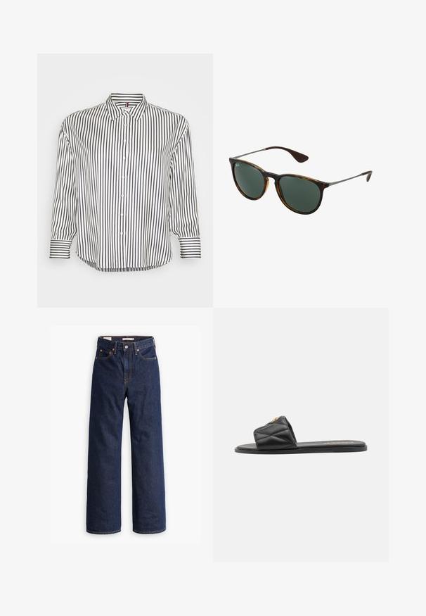 Bež plašč s dvojno zapenjanjem, velikimi gumbi, pasom, dvema stranskima žepoma in ramenimi epauleti. Gladka tekstura tkanine.; Srajca s ovratnikom, ki ima horizontalne in vertikalne mornarske in bele črte, z gumbnim zapenjanjem in nekoliko ukrivljenim robom.; Temno modri kavbojasti jeans ravnega kroja s petimi žepi, oranžnim šivanjem in zapiranjem na gumb.; Črne prešite sandale s ploskim podplatom, ki imajo zlato dekoracijo na traku. Narejene iz sintetičnega materiala z gladko teksturo.; Rjave kornjačaste sončne očala z zelenimi lečami, plastičnim okvirjem in kovinskimi detajli; imajo ukrivljene konice templjev in eleganten dizajn.; Bežna usnjena torba s dvema naramnicama, z zlatimi kovinskimi detajli in oznako z okroglim logotipom. Gladka tekstura in minimalističen dizajn.