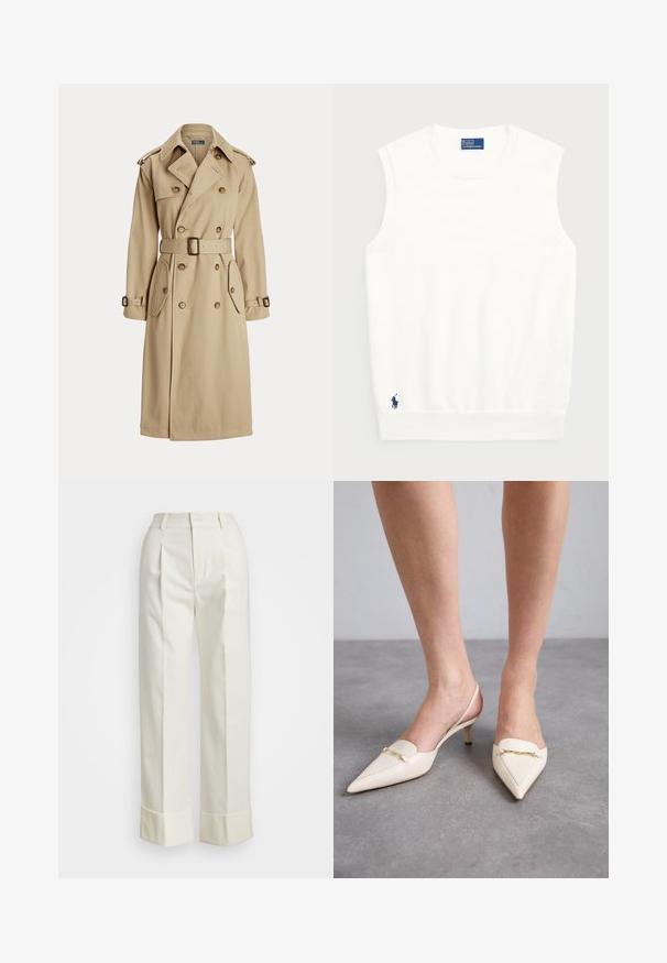 Cappotto beige con chiusura doppiopetto, grandi bottoni, vita regolabile con cintura, due tasche laterali e alamari sulle spalle. Tessuto dalla consistenza liscia.; Maglione bianco senza maniche realizzato in cotone liscio, con orlo a coste e un piccolo logo blu navy in basso a sinistra. Design semplice, senza motivi.; Pantaloni bianchi su misura con vita alta, doppie pieghe frontali e gamba larga con risvolti. Realizzati in un tessuto liscio e strutturato.; Décolleté color crema con punta affusolata e cinturino sul retro, dotate di un tacco medio sottile, caratterizzate da un accentuazione in catena dorata sulla tomaia e una texture in pelle liscia.