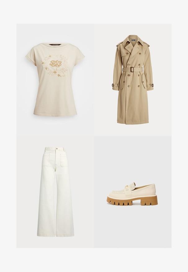 Bež plašč s dvojno zapenjanjem, velikimi gumbi, pasom, dvema stranskima žepoma in ramenimi epauleti. Gladka tekstura tkanine.; Bežna majica s kratkimi rokavi, ki je okrašena z rožnim vezenjem v zlatih odtenkih in stiliziranim logotipom "RL" na sredini. Mehka bombažna tkanina.; Široke jeans hlače v off-white denim tkanini. Visok pas z gumbnim zapiranjem, dvema sprednjima žepoma in detajli kontrastnega šivanja.; Bež balerinke z teksturiranim kremnim trakom, ki imajo masiven rjav podplat z vzorcem, podoben zobom. Zlata dekoracija na podrobnosti s sponko.