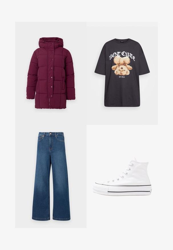 Pikk lilla vooderdatud talvejope kapuutsiga, eesmise tõmblukuga, mis on kaetud näpitsaknaga, ja küljetaskutega.; Musthave musta t-särk, millel on karu graafika ja tekst "EI NII NÄDALA, KUID MÄRG" paksult valgete tähtedega. Puuvillane materjal.; Tumedate värvi laiad teksapüksid. Omavad kõrget vööd, nööbikinnitust ja klassikalist viie tasku disaini kontrastset õmblustega.; Valge kõrgem kangast tenniseking, millel on must kummist tald, ees kummist varvasetugi ja kuus aukku paelte jaoks, pakkudes puhta ja minimalistliku disaini.