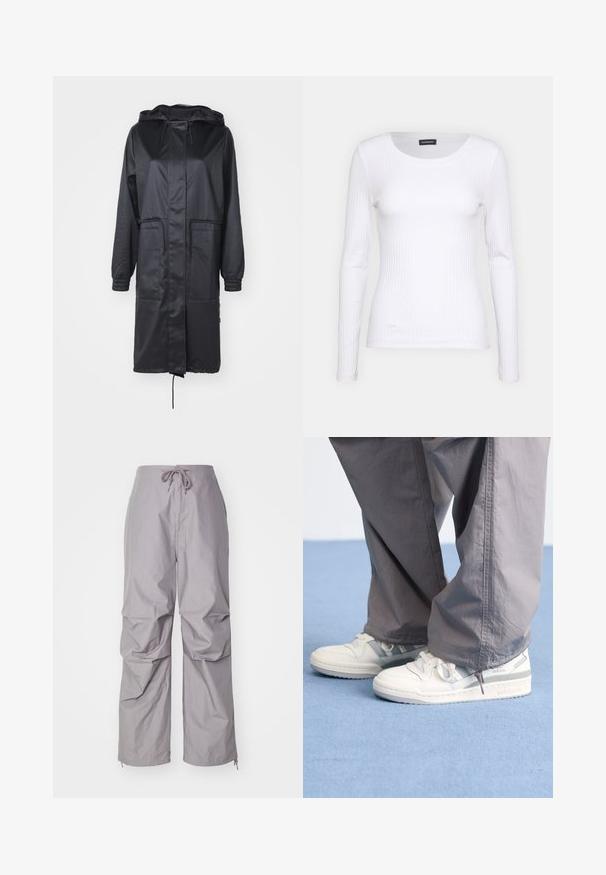 Juodas vandeniui atsparus paltas su gobtuvu, raišteliu, dviem priekinėmis kišenėmis ir elastingais rankogaliais, sukurtas su lygiu, matinio paviršiaus struktūriškumu.; Balta, raukšlėta ilgarankovė palaidinė su apvalia iškirpte. Pagaminta iš elastingos medžiagos, kuri prisitaiko prie kūno. Pasipuošusi subtiliomis horizontaliosiomis linijomis.; Pilki, laisvi kelnės, pagamintos iš lengvos medžiagos, turi raištelį juosmens srityje ir siaurėjančius klešnių galus su užtrauktukais. Su tekstūruotu paviršiumi.; Baltie sportbačiai su šviesiai pilkais akcentais ir tekstūruota oda, derinami su laisvais pilkais kelnais, išdėstyti ant mėlynos paviršiaus.