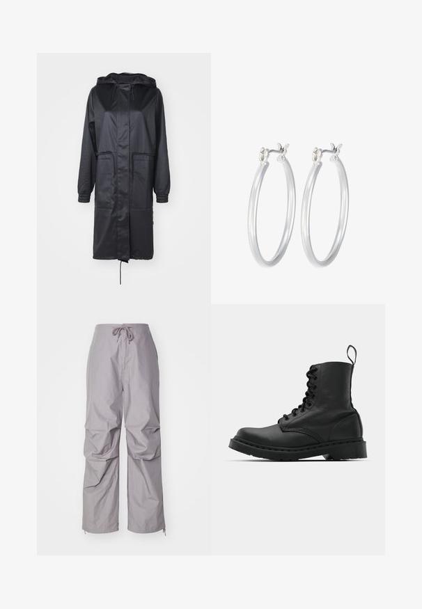 Melnā ūdensnecaurlaidīgā mēteli ar kapuci, auklu, divām priekšējām kabatām un elastīgiem aproču galiem, veidots ar gludu, matētu tekstūru.; Balts ribots garām piedurknēm krekls ar apaļu kakla izgriezumu. Izgatavots no elastīga auduma, kas pieguļ ķermenim. Iezīmējas ar smalkām horizontālām līnijām.; Pelēkas, brīvi pieguļošas bikses, kas izgatavotas no viegla auduma, ar auklu vidukli un iegarenām piedurknēm ar rāvējslēdzējiem. Ar teksturētu apdari.; Melnas ādas kaujas zābaki ar apaļu purngalu, auklām priekšā un cilpu potītes daļā. Iespējojums ir biezs gumijas zolei, kas nodrošina izturību.; Sudraba riņķveida auss gredzeni ar gludu, pulētu apdari. Apaļa forma un drošs klikšķa augšējais slēgums. Viegls dizains, kas piemērots ikdienas valkāšanai.