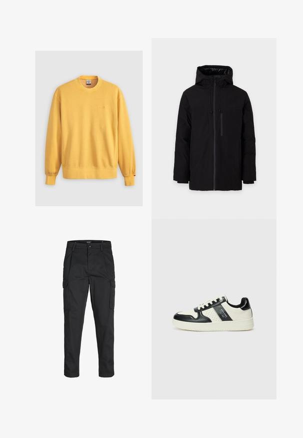 Černá nepromokavá bunda s kapucí, vybavená dvěma velkými předními kapsami a zipovou kapsou na hrudi. Hladký povrch s nastavitelnými stahovacími šňůrkami.; Žlutá mikina vyrobená z bavlny, s kulatým výstřihem, žebrovanými manžetami a vyšitým logem na hrudi. Hladká textura.; Černé cargo kalhoty vyrobené z odolné tkaniny, s mnoha kapsami, knoflíkovým zapínáním a slim fit střihem se zúženými nohavicemi.; Kožené tenisky s černobílou barevnou kombinací, které mají perforované detaily, polstrovaný límec a texturovanou podrážku.