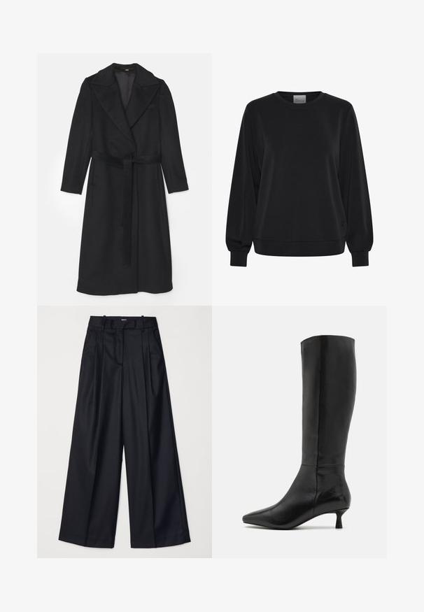 Zwarte wollen jas met een dubbelbreasted ontwerp, brede revers, lange mouwen en een bijpassende riem in de taille. Soepele textuur, minimale details.; Zwarte sweatshirts met lange mouwen, ronde hals en geribde manchetten. Kenmerkt zich door een gladde textuur en een subtiel logo detail aan de voorkant.; Witte katoenen t-shirt met korte mouwen en een ronde halslijn. Heeft een relaxte pasvorm en een minimalistisch ontwerp zonder patronen of accenten.; Zwarte wijde broek van soepel materiaal, met een hoge taille, plooien en een getailleerd ontwerp. Eenvoudige zwarte details bij de taille.; Zign Laarzen - black