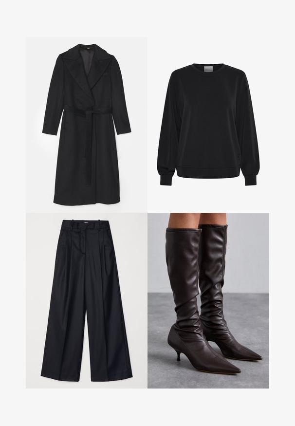 Abrigo de lana negro con un diseño de doble botonadura, solapas anchas, mangas largas y un cinturón a juego en la cintura. Textura suave, con un diseño minimalista.; Sudadera negra de manga larga, con cuello redondo y puños acanalados. Presenta una textura suave y un sutil detalle de logo en la parte frontal.; Pantalones de pierna ancha negros, confeccionados en una tela suave, con una cintura alta, pliegues y un diseño ajustado. Accesorios sencillos en negro en la cintura.; GIABORGHINI HERA - Botas - ebony