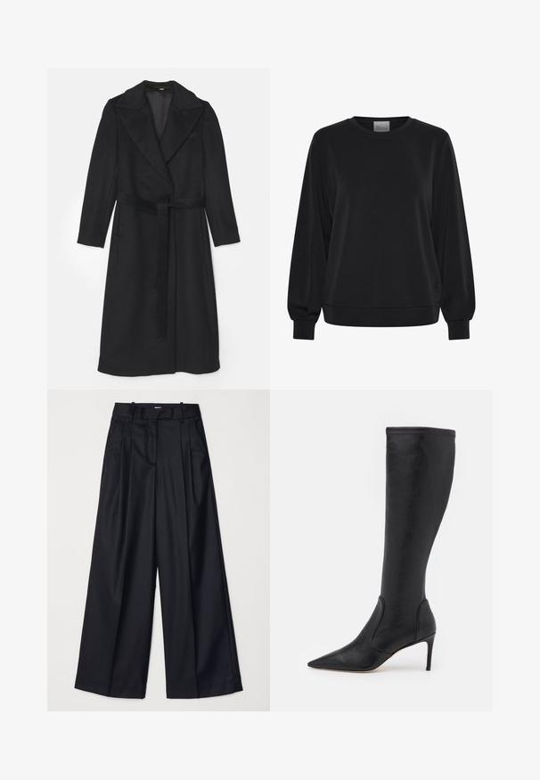 Černý vlněný kabát s dvojitým zapínáním, širokými klopami, dlouhými rukávy a odpovídajícím pásem v pase. Hladká textura, minimální detaily.; Černá mikina s dlouhými rukávy, kulatým výstřihem a žebrovanými manžetami. Disponuje hladkou texturou a diskrétním logem na přední straně.; Černé kalhoty s širokými nohavicemi vyrobené z hladkého materiálu, s vysokým pasem, sklady a přizpůsobeným střihem. Jednoduché černé kování v pase.; Stuart Weitzman TO THE KNEE BOOT - Vysoká obuv - black