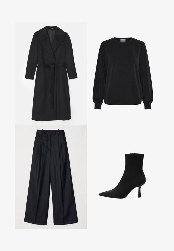 Černý vlněný kabát s dvojitým zapínáním, širokými klopami, dlouhými rukávy a odpovídajícím pásem v pase. Hladká textura, minimální detaily.; Černá mikina s dlouhými rukávy, kulatým výstřihem a žebrovanými manžetami. Disponuje hladkou texturou a diskrétním logem na přední straně.; Černé kalhoty s širokými nohavicemi vyrobené z hladkého materiálu, s vysokým pasem, sklady a přizpůsobeným střihem. Jednoduché černé kování v pase.; Černá kotníková bota vyrobená z hladké textilie, s špičatou špičkou a úzkým stiletto podpatkem, s bezešvým designem a bez viditelného kování.
