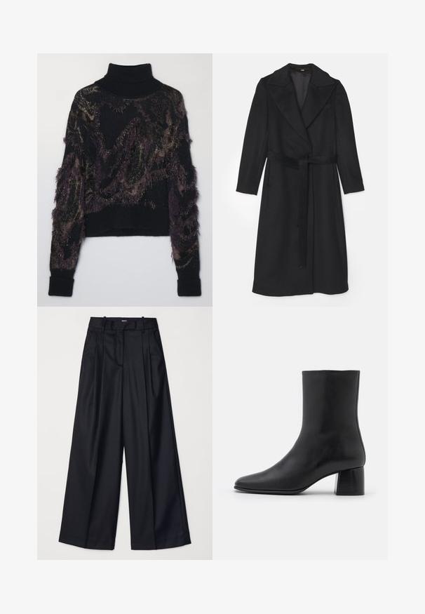 Juodas vilnonis paltas su dvigubo uždarymo dizainu, plačiais atlapais, ilgomis rankovėmis ir derančiu diržu liemens srityje. Lygi tekstūra, minimalus detaalių kiekis.; Juodas golfas su tekstūriniu raštu tamsiai purpurinės ir auksinės spalvų, su šoniniais fringiniais akcentais ir įrengtais rankogaliais bei apatine dalimi.; Juodos plačios kojų kelnės, pagamintos iš lygaus audinio, su aukštu liemeniu, klostėmis ir pritaikytu dizainu. Paprasta juoda detalių sistema liemens srityje.; Juodas odinis kulkšninis botas su smailiu pirštu ir masyviu kvadratiniu kulnu. Lygus paviršius be siūlių ir minimalizmu išsiskiriantis dizainas.