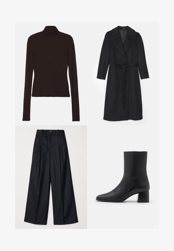 Černý vlněný kabát s dvojitým zapínáním, širokými klopami, dlouhými rukávy a odpovídajícím pásem v pase. Hladká textura, minimální detaily.; Tiger of Sweden AMINHA - Svetr - dark chokolate; Černé kalhoty s širokými nohavicemi vyrobené z hladkého materiálu, s vysokým pasem, sklady a přizpůsobeným střihem. Jednoduché černé kování v pase.; Černé kožené kotníkové boty s špičatou špičkou a robustním čtvercovým podpatek. Hladká textura s bezšvovým designem a minimalistickým prošíváním.