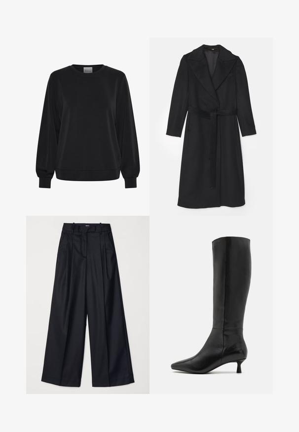 Abrigo de lana negro con un diseño de doble botonadura, solapas anchas, mangas largas y un cinturón a juego en la cintura. Textura suave, con un diseño minimalista.; Sudadera negra de manga larga, con cuello redondo y puños acanalados. Presenta una textura suave y un sutil detalle de logo en la parte frontal.; Pantalones de pierna ancha negros, confeccionados en una tela suave, con una cintura alta, pliegues y un diseño ajustado. Accesorios sencillos en negro en la cintura.; Zign Botas - black
