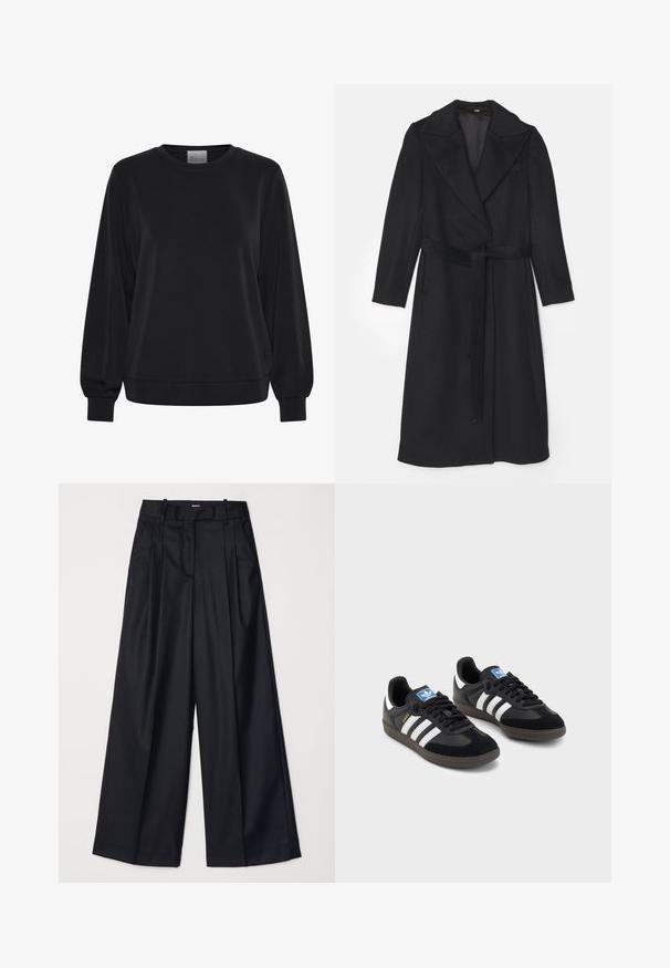 Black wool coat with a double-breasted design, wide lapels, long sleeves, and a matching belt at the waist. Smooth texture, minimal detailing.; Black sweatshirt with long sleeves, crew neck, and ribbed cuffs. Features a smooth texture and a subtle logo detail on the front.; Black wide-leg trousers made of smooth fabric, featuring a high waist, pleats, and a tailored design. Simple black hardware at the waist.; Black sneakers with a suede and synthetic upper, featuring three white stripes, textured rubber sole, and blue logo tag on the tongue.