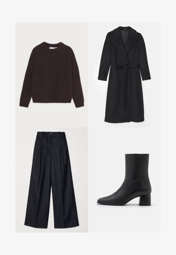 Black wool coat with a double-breasted design, wide lapels, long sleeves, and a matching belt at the waist. Smooth texture, minimal detailing.; Tiger of Sweden GWYNN - Jumper - dark chokolate; Black wide-leg trousers made of smooth fabric, featuring a high waist, pleats, and a tailored design. Simple black hardware at the waist.; Black leather ankle boot with a pointed toe and a chunky square heel. Smooth texture with a seamless design and minimalistic stitching.