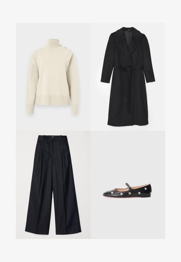 Svart ullrock med dubbelknäppt design, breda slag, långärmar och ett matchande bälte i midjan. Slät struktur, minimal detaljering.; Beige ribbad polotröja med långa ärmar och tre dekorativa knappar på vänster axel.; Svarta vida byxor i slät tyg, med hög midja, veck och skräddarsydd design. Enkel svart detalj vid midjan.; Svart läder Mary Jane lägenhetssko med rund tå, prydd med silverfärgade cirkulära nitar och ett justerbart band med spänne.