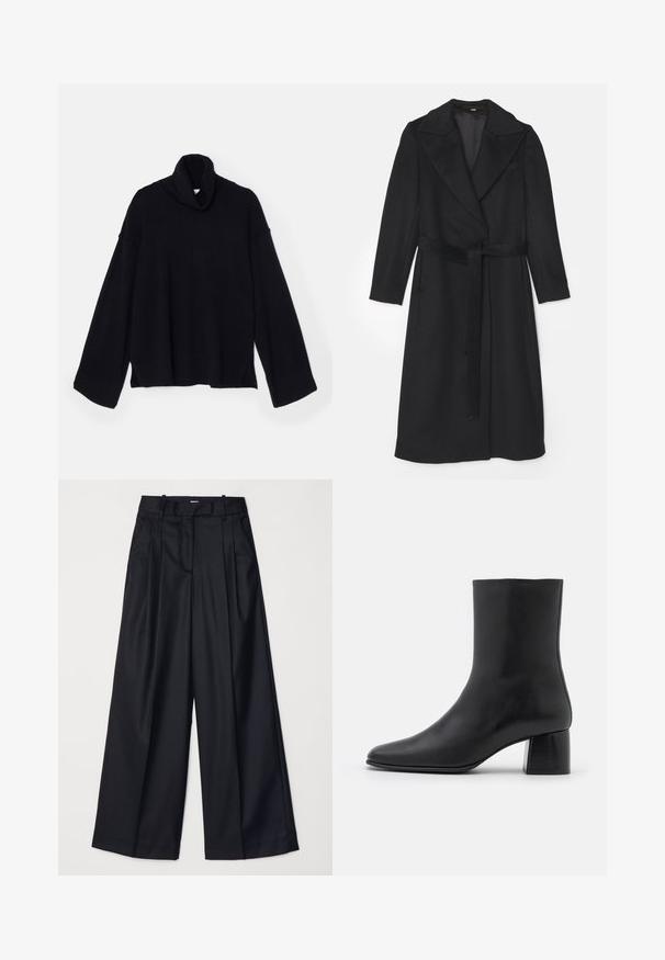 Mustapuretu takki, jossa on tuplapainikefrontti, leveät läpät, pitkät hihat ja vyötäröllä sopiva vyö. Sujuva pinta, minimaalinen yksityiskohtaisuus.; DESIGNERS REMIX COSMO TURTLE - Neule - black; Musta leveälahkeinen housut, jotka on valmistettu sileästä kankaasta. Niissä on korkea vyötärö, laskoksia ja räätälöity muotoilu. Yksinkertaiset mustat metalliosat vyötäröllä.; Mustat nahkasaappaat nilkkakorkeudella, joissa on terävä kärki ja tukeva neliön muotoinen korko. Sileä pinta, saumaton muotoilu ja minimalistinen ommel.