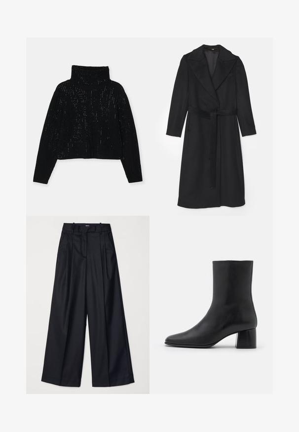 Manteau en laine noire avec un design croisé, large revers, manches longues et une ceinture assortie à la taille. Texture lisse, détails minimaux.; Alice + Olivia Pullover - black; Pantalons noirs à jambes larges en tissu lisse, dotés d'une taille haute, de plis et d'une coupe ajustée. Quincaillerie noire simple à la taille.; Bottine en cuir noir avec un bout pointu et un talon carré épais. Texture lisse avec un design sans coutures et descoutures minimalistes.