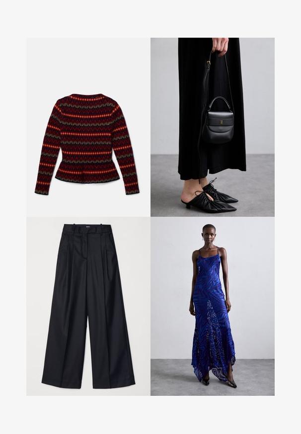 Čierny vlnený kabát s dvojitým zapínaním, širokými klopami, dlhými rukávmi a zladeným opaskom v páse. Hladká textúra, minimálne detaily.; Sveter s dlhým rukávom a peplum strihom s geometrickým vzorom v červenej, čiernej a krémovej farbe. Vyrobený z mäkkej tkaniny s okrúhlym výstrihom a priliehavým siluetou.; Čierne široké nohavice vyrobené z hladkej tkaniny, so zvýšeným pásom, plisovaním a strihom na mieru. Jednoduché čierne kovanie v oblasti pásu.; Maxi šaty s potlačou zvieracích vzorov v modrej a fialovej farbe, s tenkými ramienkami, priliehavým telom, rozšíreným lemom a priesvitnými detailmi.; Malá čierna kožená kabelka zaobleného tvaru, s hornou rukoväťou a odnímateľným popruhom. Nosená s čiernymi látkovými šatami a čiernymi plisovanými topánkami.