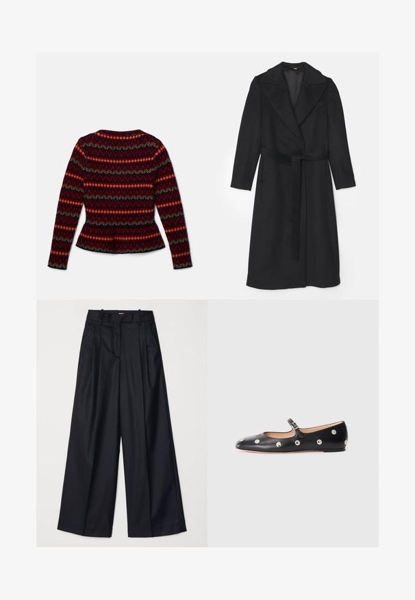 Mustmust kasukas, millel on kahekordne nööpide rida, laiad kraed, pikad varrukad ja sobiv vöö talje juures. Sile tekstuur, minimaalne kaunistus.; Pikend säärtega peplum-sviiter, millel on punane, must ja kreemikas geomeetriline muster. Valmistatud pehmest kangast, millel on ümar kaelus ja keha lähedane siluett.; Mustad laiad püksid, mis on valmistatud sileda kangaga, kõrge vöökoha, voldikute ja vormitud disainiga. Vöökoha juures on lihtne must riistvara.; Must naar mustast valmistatud Mary Jane lamedad jalanõud, ümarate varvastega, hõbedaste ümmarguste nupukestega ja reguleeritava rihmaga, millel on klamber.