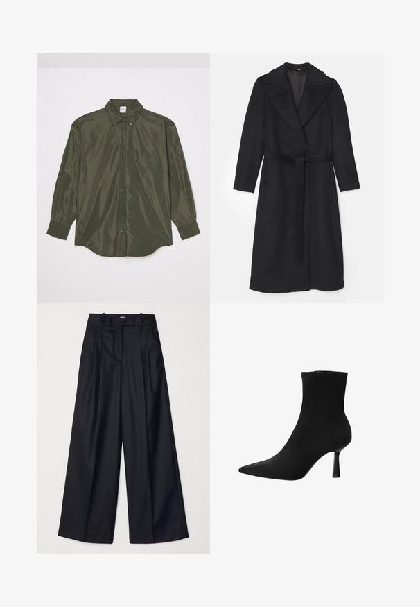 Čierny vlnený kabát s dvojitým zapínaním, širokými klopami, dlhými rukávmi a zladeným opaskom v páse. Hladká textúra, minimálne detaily.; Košela s dlhým rukávom v tmavozelenej farbe vyrobená z lesklého materiálu, s predným zapínaním na gombíky, špicatým golierom a vreckom na hrudi.; Čierne široké nohavice vyrobené z hladkej tkaniny, so zvýšeným pásom, plisovaním a strihom na mieru. Jednoduché čierne kovanie v oblasti pásu.; Čierne členkové čižmy z hladkej látky, s špicatou špičkou a štíhlým stiletto podpätkom, s bezšvovým dizajnom a bez viditeľných kovových častí.