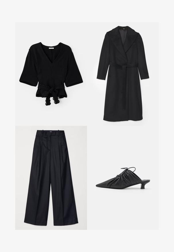 Cappotto di lana nera con design doppiopetto, ampi risvolti, maniche lunghe e una cintura abbinata in vita. Texture liscia, dettagli minimi.; Top nero avvolgente con scollatura a V, maniche corte e un nodo in vita. Presenta un tessuto testurizzato e un bordo ondulato sul nodo.; Pantaloni neri a gamba larga realizzati in un tessuto morbido, con vita alta, pieghe e un design sartoriale. Finiture semplici in nero in vita.; Mule in pelle nera senza chiusura con punta appuntita, texture raccolta e un piccolo tacco gattino. Presenta un dettaglio con cordoncino all'apertura.