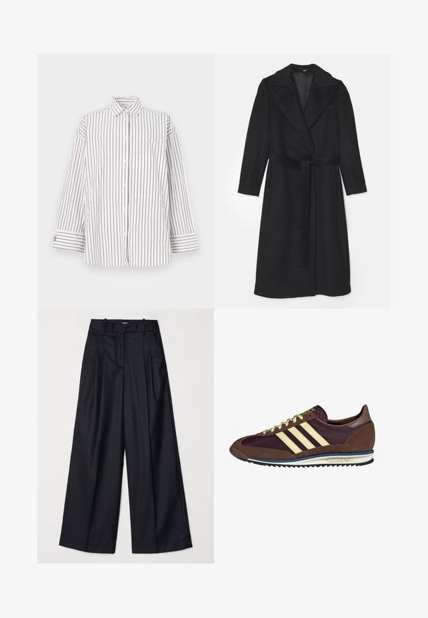 Black wool coat with a double-breasted design, wide lapels, long sleeves, and a matching belt at the waist. Smooth texture, minimal detailing.; Striped shirt made of lightweight fabric, featuring vertical brown and white stripes, a collar, and a front pocket. Long sleeves with button cuffs.; Black wide-leg trousers made of smooth fabric, featuring a high waist, pleats, and a tailored design. Simple black hardware at the waist.; Brown and burgundy sneaker with suede and mesh materials, featuring three cream stripes, textured fabric on the tongue, and a rubber sole.