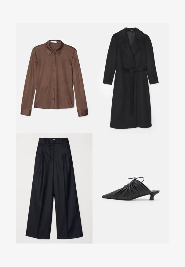 Palton negru din lână cu un design cu două rânduri de nasturi, reveri largi, mâneci lungi și o centură asortată la talie. Textură netedă, detalii minime.; Cămașă maronie cu mânecă lungă, prezentând un guler clasic, închidere cu nasturi și un material neted cu un ușor luciu. Mansetele sunt, de asemenea, maronii și ajustate.; Pantaloni negri cu picioare late, confecționați dintr-un material neted, având talie înaltă, plii și un design croitorie. Accesorii simple negre la talie.; Mule-uri negre din piele, cu vârf ascuțit, textură plisată și un tocuri mici de tip kitten. Prezintă un detaliu cu șnur la deschidere.